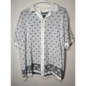 ORIGINAL USE Mens Black and White Button Up Polo Shirt Cotton Geometric Large